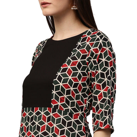 Green printed 3/4th sleeve cotton A-line kurta