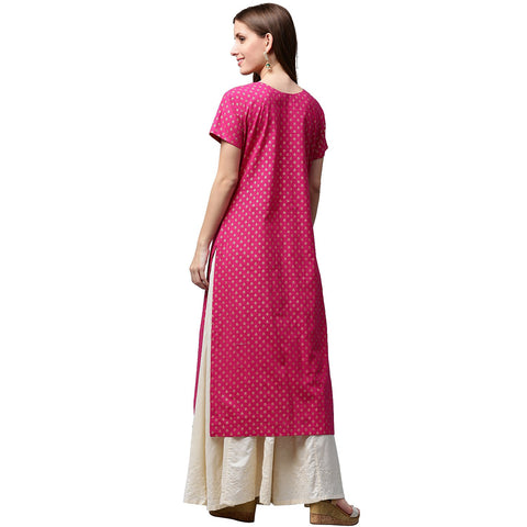 Pink & Green printed short sleeve cotton A-line kurta