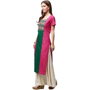 Pink & Green printed short sleeve cotton A-line kurta