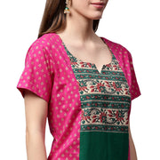 Pink & Green printed short sleeve cotton A-line kurta