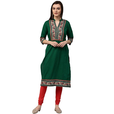 Green printed 3/4th sleeve cotton kurta