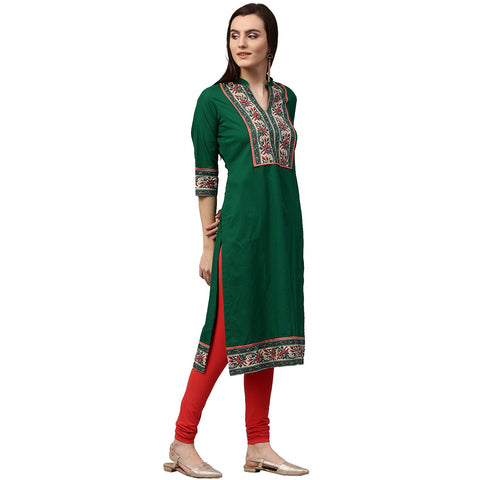 Green printed 3/4th sleeve cotton kurta