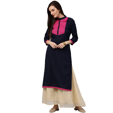 Blue 3/4th sleeve cotton slub kurta with printed yoke