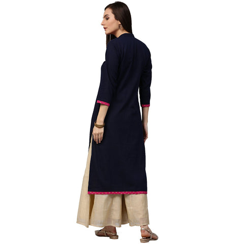 Blue 3/4th sleeve cotton slub kurta with printed yoke