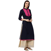 Blue 3/4th sleeve cotton slub kurta with printed yoke