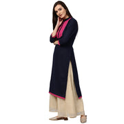 Blue 3/4th sleeve cotton slub kurta with printed yoke