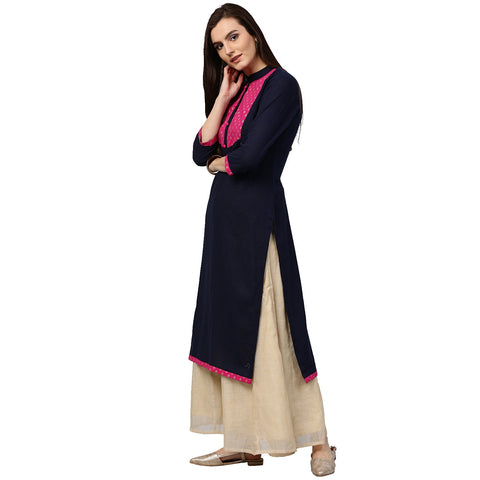 Blue 3/4th sleeve cotton slub kurta with printed yoke