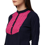 Blue 3/4th sleeve cotton slub kurta with printed yoke