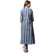 Blue printed 3/4th sleeve cotton A-line kurta