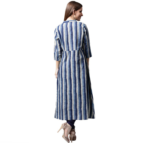 Blue printed 3/4th sleeve cotton A-line kurta