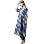 Blue printed 3/4th sleeve cotton A-line kurta