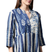 Blue printed 3/4th sleeve cotton A-line kurta