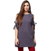 Blue printed half sleeve with cold shoulder cotton tunic