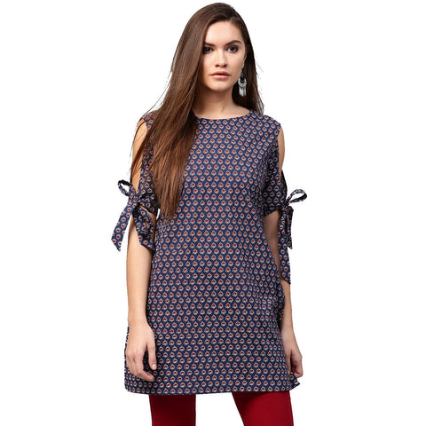 Blue printed half sleeve with cold shoulder cotton tunic