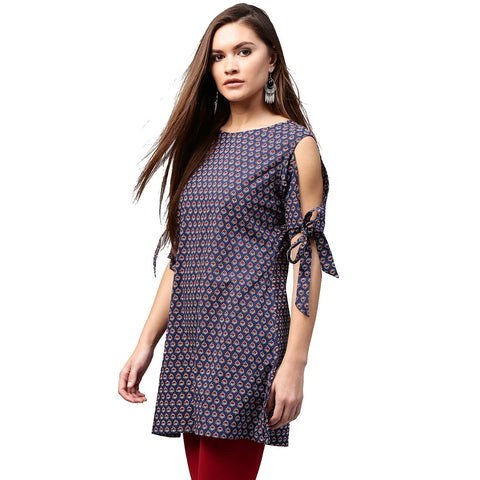Blue printed half sleeve with cold shoulder cotton tunic