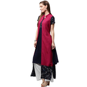 Blue printed short sleeve crepe A-line kurta with pink jacket