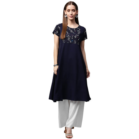 Blue printed short sleeve crepe A-line kurta with pink jacket