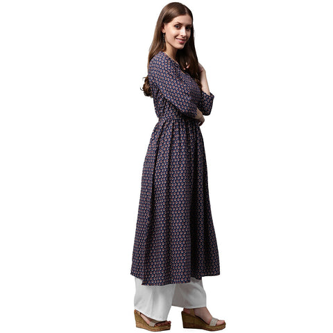 Blue printed half sleeve cotton Anarkali kurta