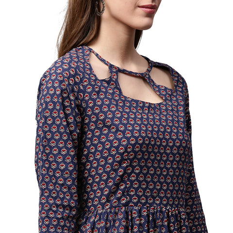 Blue printed half sleeve cotton Anarkali kurta