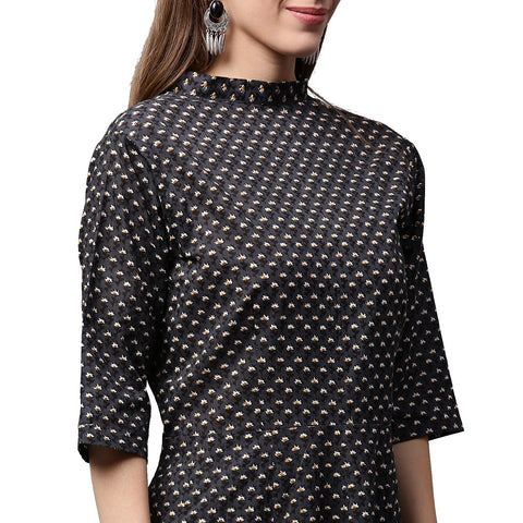 Black printed 3/4th Sleeve Cotton Anarkali kurta