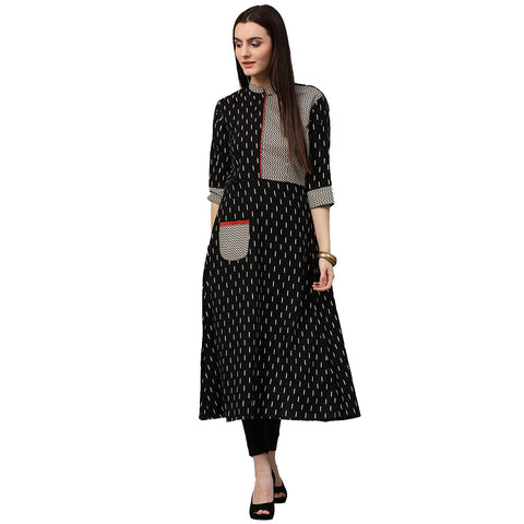 Black printed 3/4th sleeve cotton A-line kurta with pocket