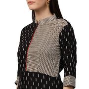 Black printed 3/4th sleeve cotton A-line kurta with pocket