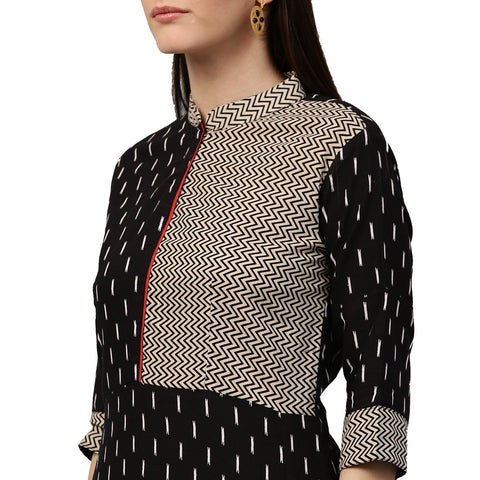 Black printed 3/4th sleeve cotton A-line kurta with pocket
