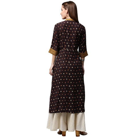 Coffee brown printed 3/4th sleeve Rayon A-line Kurta