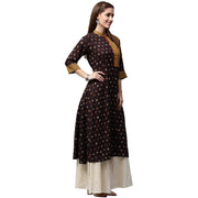 Coffee brown printed 3/4th sleeve Rayon A-line Kurta