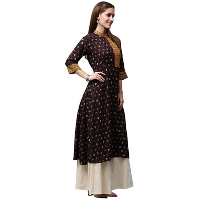 Coffee brown printed 3/4th sleeve Rayon A-line Kurta