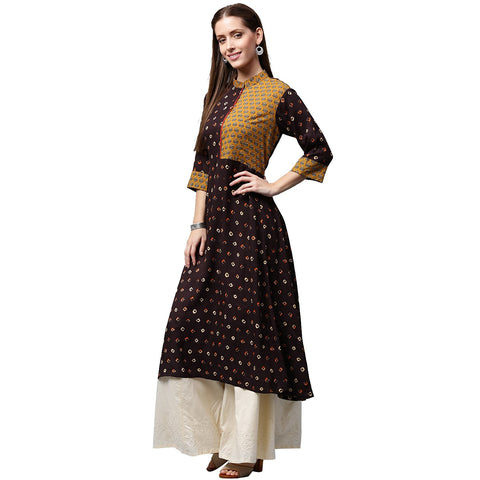 Coffee brown printed 3/4th sleeve Rayon A-line Kurta