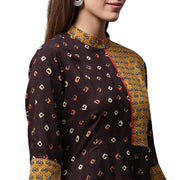 Coffee brown printed 3/4th sleeve Rayon A-line Kurta