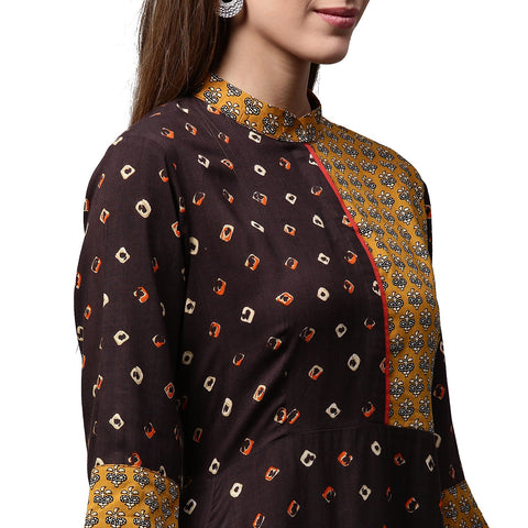 Coffee brown printed 3/4th sleeve Rayon A-line Kurta