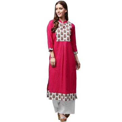 Pink printed 3/4th sleeve cotton kurta