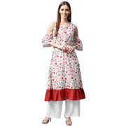 White flower printed half sleeve cold shoulder cotton A-line kurta