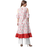 White flower printed half sleeve cold shoulder cotton A-line kurta