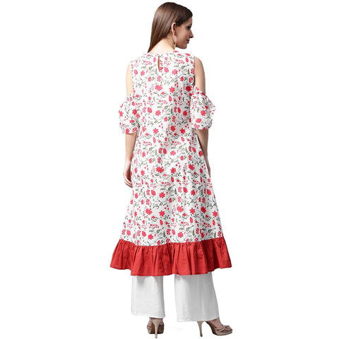White flower printed half sleeve cold shoulder cotton A-line kurta