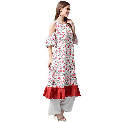 White flower printed half sleeve cold shoulder cotton A-line kurta