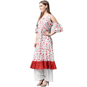 White flower printed half sleeve cold shoulder cotton A-line kurta