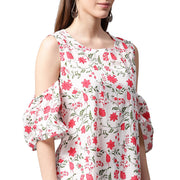 White flower printed half sleeve cold shoulder cotton A-line kurta