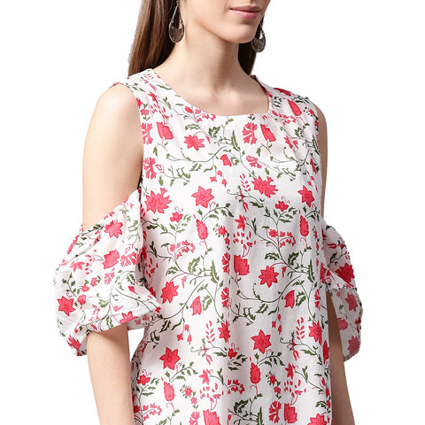 White flower printed half sleeve cold shoulder cotton A-line kurta