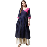 Navy blue printed 3/4th Sleeve Cotton Anghrakha style Anarkali Kurta