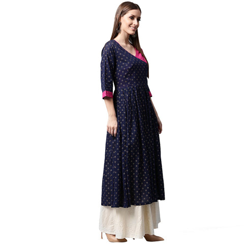 Navy blue printed 3/4th Sleeve Cotton Anghrakha style Anarkali Kurta