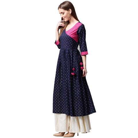 Navy blue printed 3/4th Sleeve Cotton Anghrakha style Anarkali Kurta