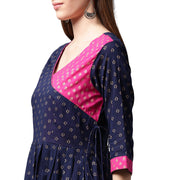 Navy blue printed 3/4th Sleeve Cotton Anghrakha style Anarkali Kurta