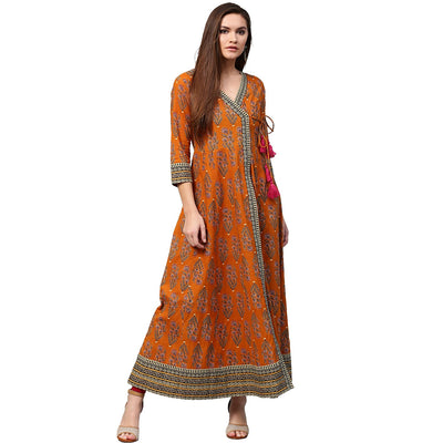Mustard printed 3/4th sleeve cotton Angrakha anarkali kurta