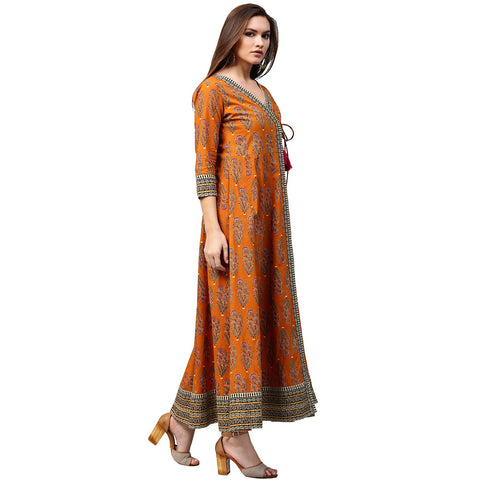 Mustard printed 3/4th sleeve cotton Angrakha anarkali kurta