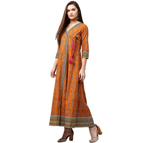 Mustard printed 3/4th sleeve cotton Angrakha anarkali kurta