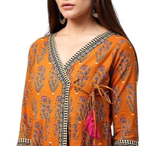 Mustard printed 3/4th sleeve cotton Angrakha anarkali kurta