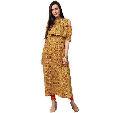 Yellow printed sleeveless cotton A-Line kurta